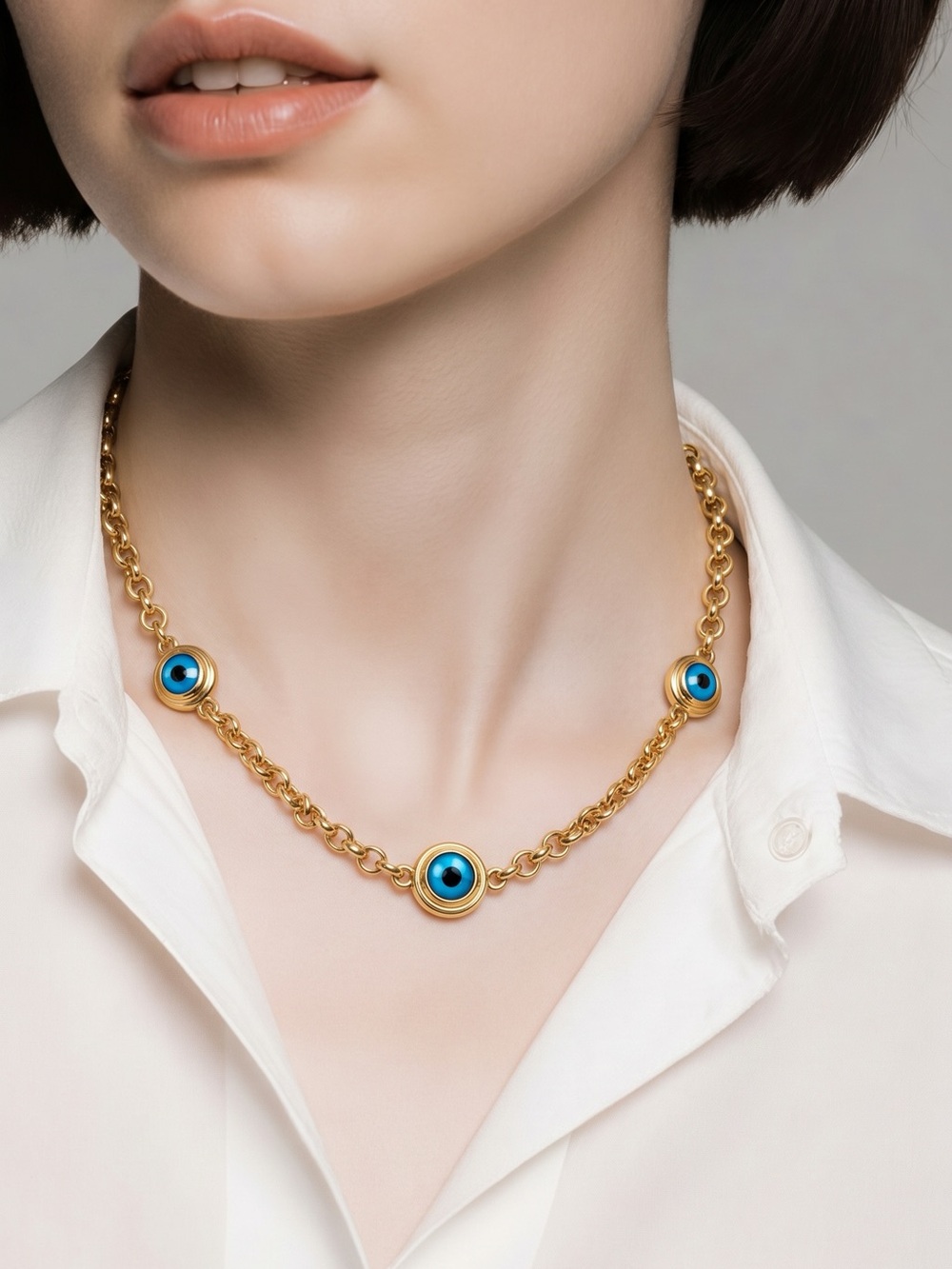 Gold Plated Chain Necklace with Blue Eye Accents